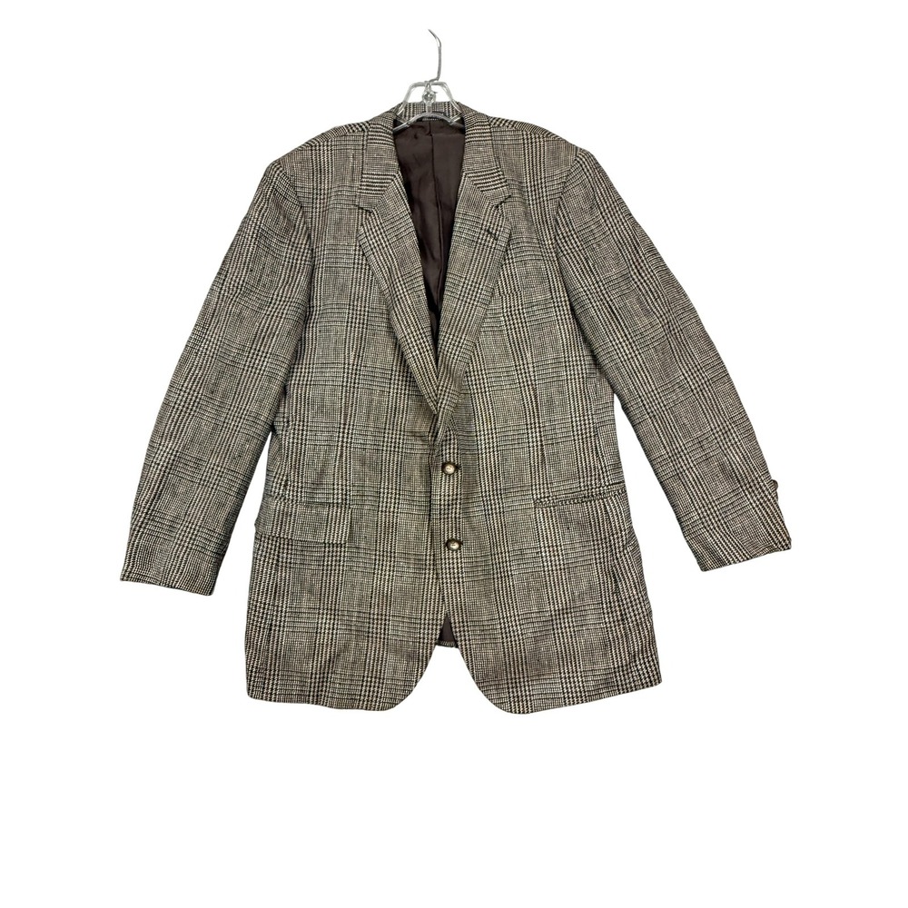 Hart Schaffner Marx Blazer Mens 44L Brown Silk‎ Plaid Tweed Sport Coat Jacket
